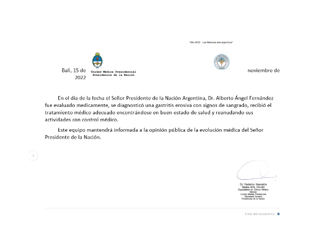 Nuevo parte medico Alberto Fernández