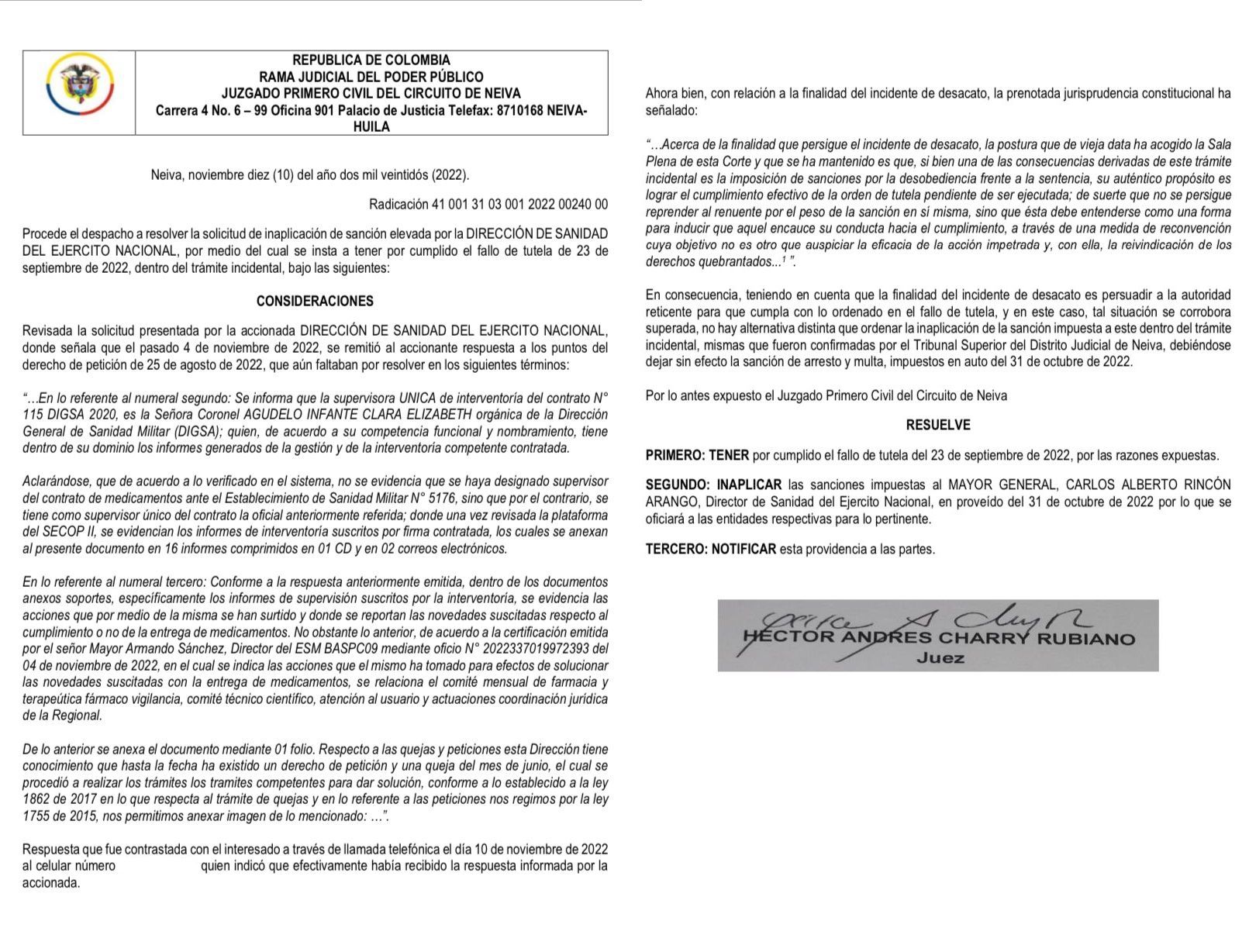 Revocaron orden de arresto contra el general Carlos Alberto Rincón, director de Sanidad del Ejército-Colombia