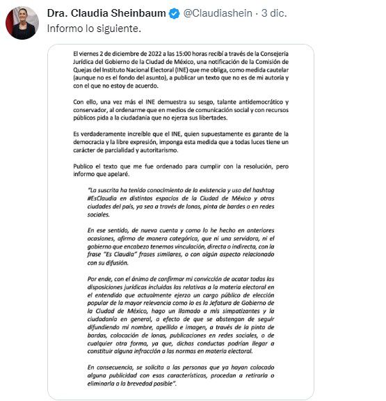 Comunicado de Claudia Sheinbaum donde expuso las órdenes del INE (Twitter)