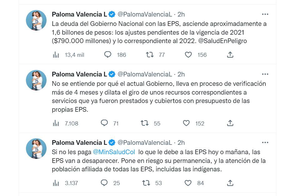 Paloma Valencia critica al MinSalud por manejo de las EPS / Twitter