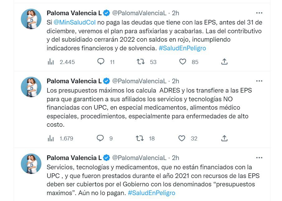 Paloma Valencia critica al MinSalud por manejo de las EPS / Twitter