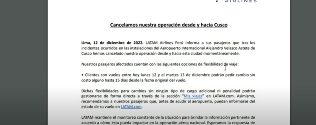 Latam suspende vuelos a Cusco por manifestaciones en los exteriores del aeropuerto Alejandro Velasco Astete