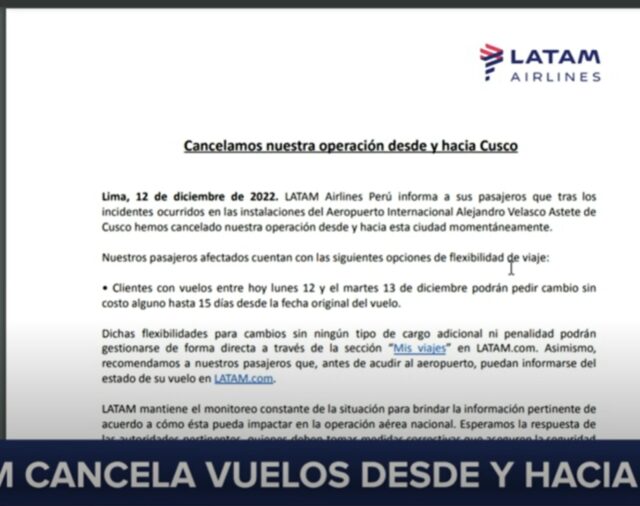 Latam suspende vuelos a Cusco por manifestaciones en los exteriores del aeropuerto Alejandro Velasco Astete