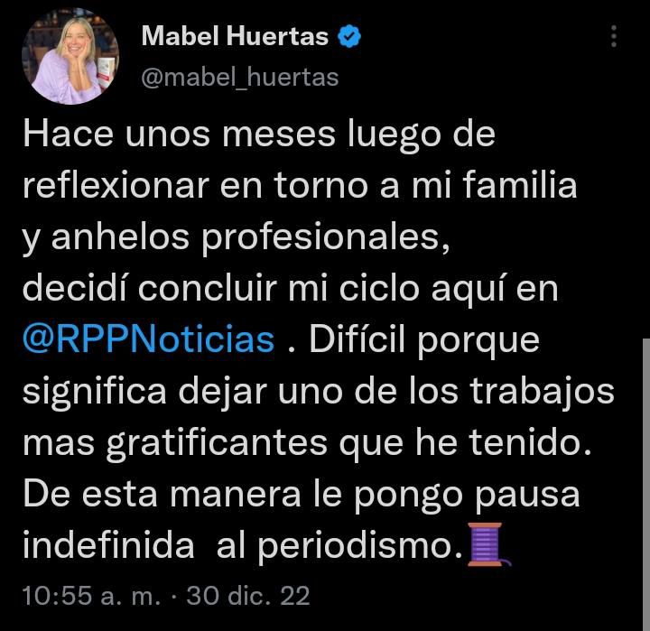 Mabel Huertas anuncia que deja la conducción de RPP Noticias.