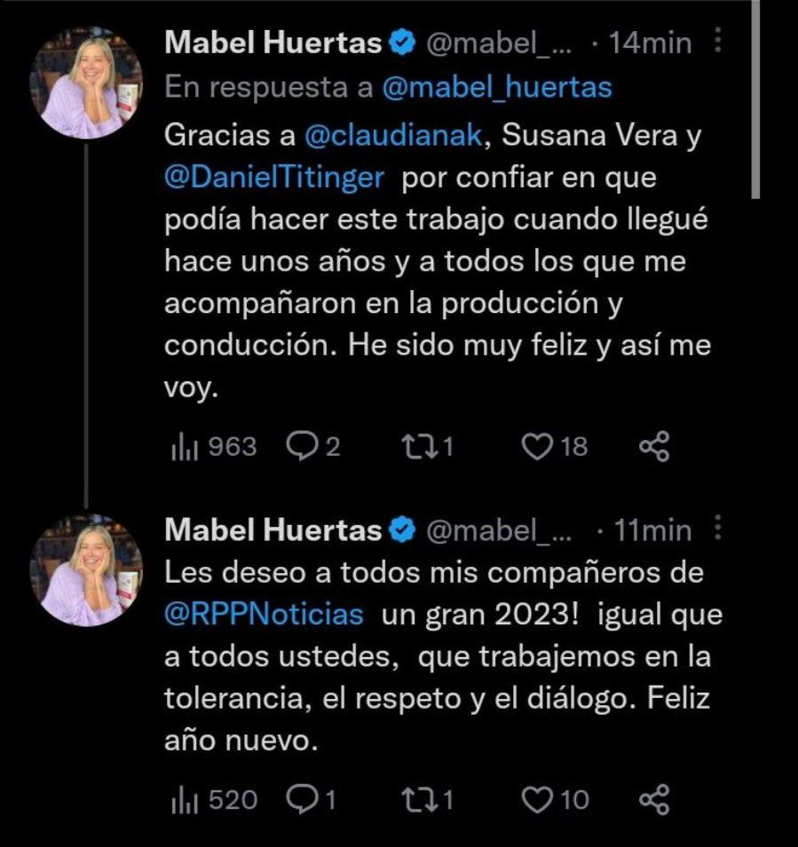 Mabel Huertas anuncia que deja la conducción de RPP Noticias.