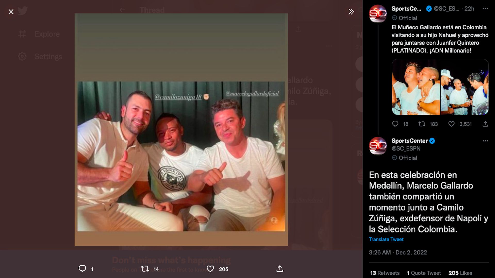 Marcelo Gallardo pasando tiempo libre en Colombia junto a Camilo Zúñiga / (Twitter: @SC_ESPN)