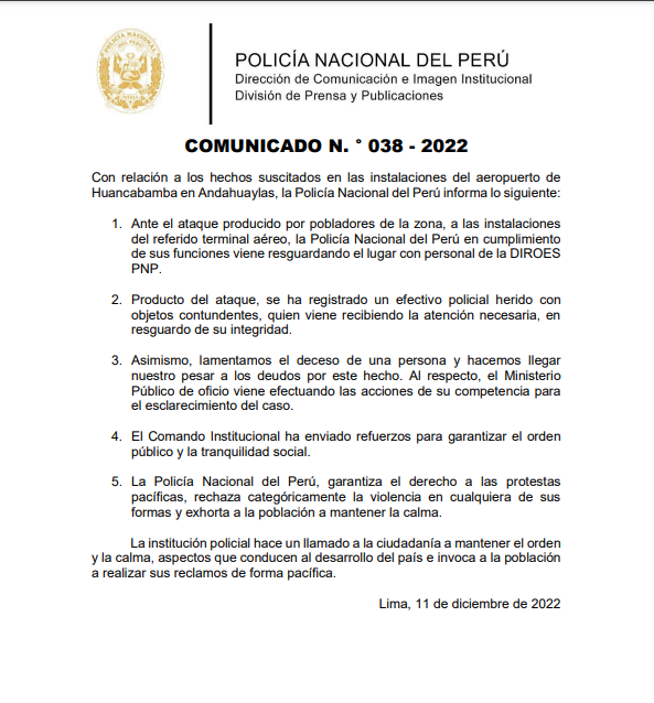 Comunicado de la Policía Nacional de Perú