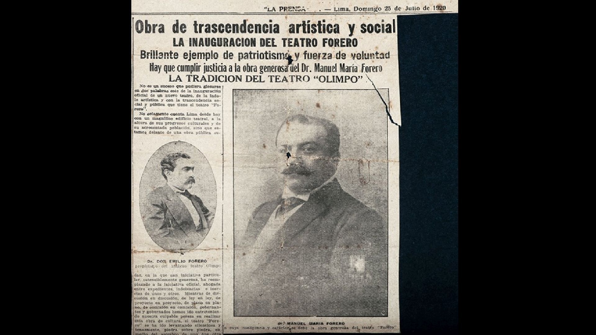 Así es como el diario La Prensa informó sobre la inauguración del Teatro Forero, que luego sería el Teatro Municipal de Lima. (Colección Familia Forero)