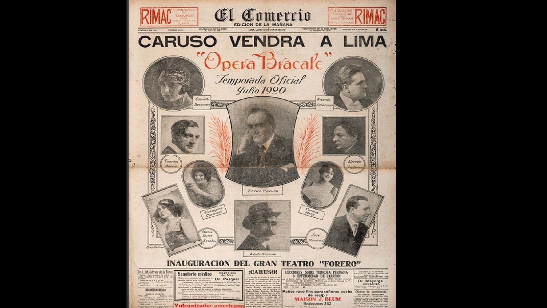 Anuncio de la llegada de Enrico Caruso antes que cancelara su concierto por la investigación policial que motivó el robo de las alhajas de su esposa, 1920. (Colección de Miguel Molinari)