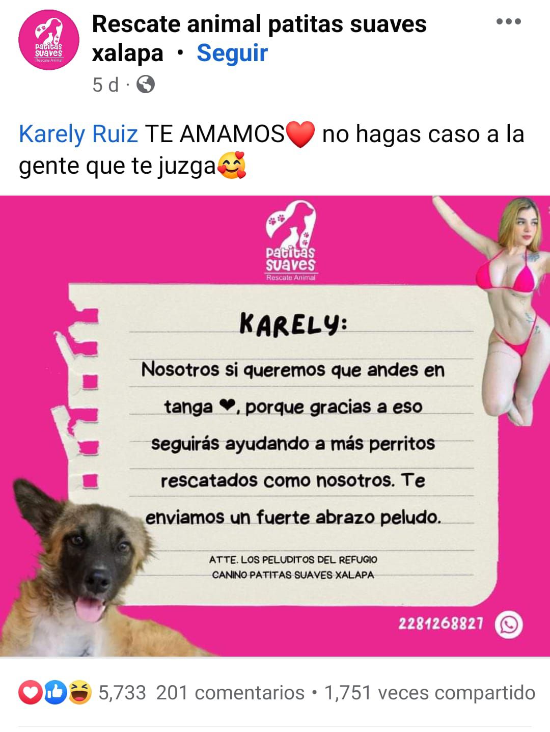 La organización "Patitas Suaves" fue una de las elegidas por la modelo (Captura: FB: Rescate animal patitas suaves Xalapa)