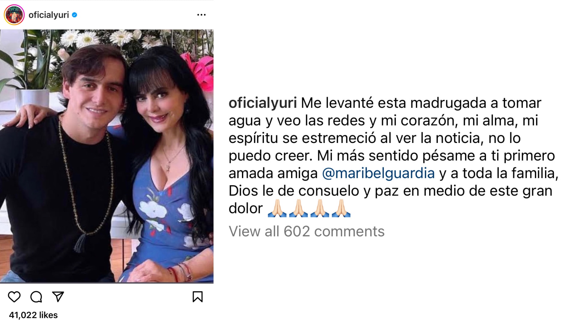 Yuri envió sentido mensaje de apoyo para Maribel Guardia ante la muerte de su hijo (Instagram @oficialyuri)