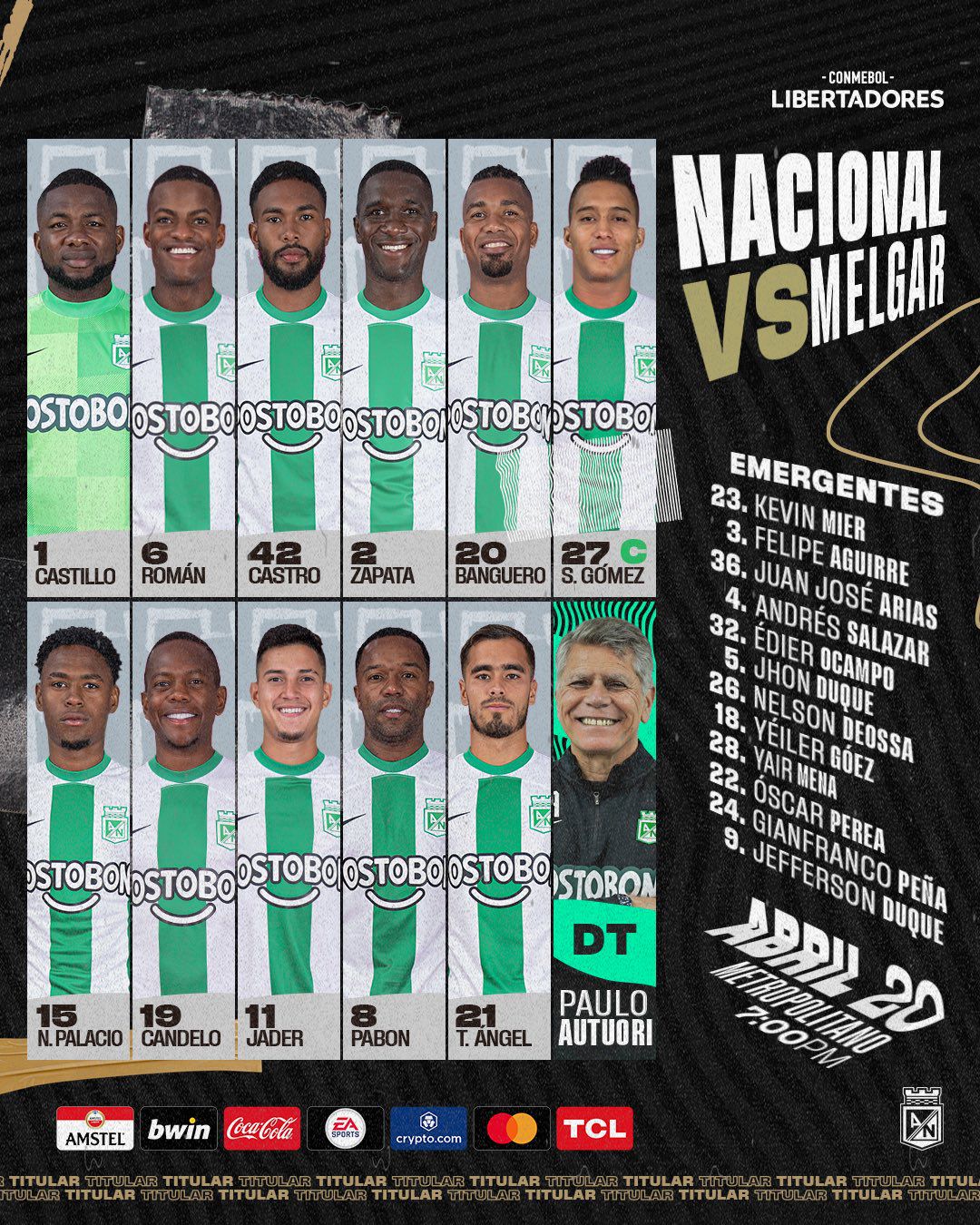 Alineación Atlético Nacional vs Melgar