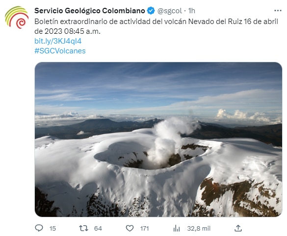 Boletín extraordinario de actividad del volcán Nevado del Ruiz 16 de abril de 2023. Servicio Geológico Colombiano
@sgcol. Twitter