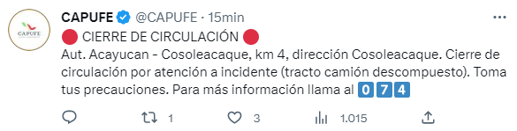 Cierre autopista. (Foto: tomada de Twitter Capufe)
