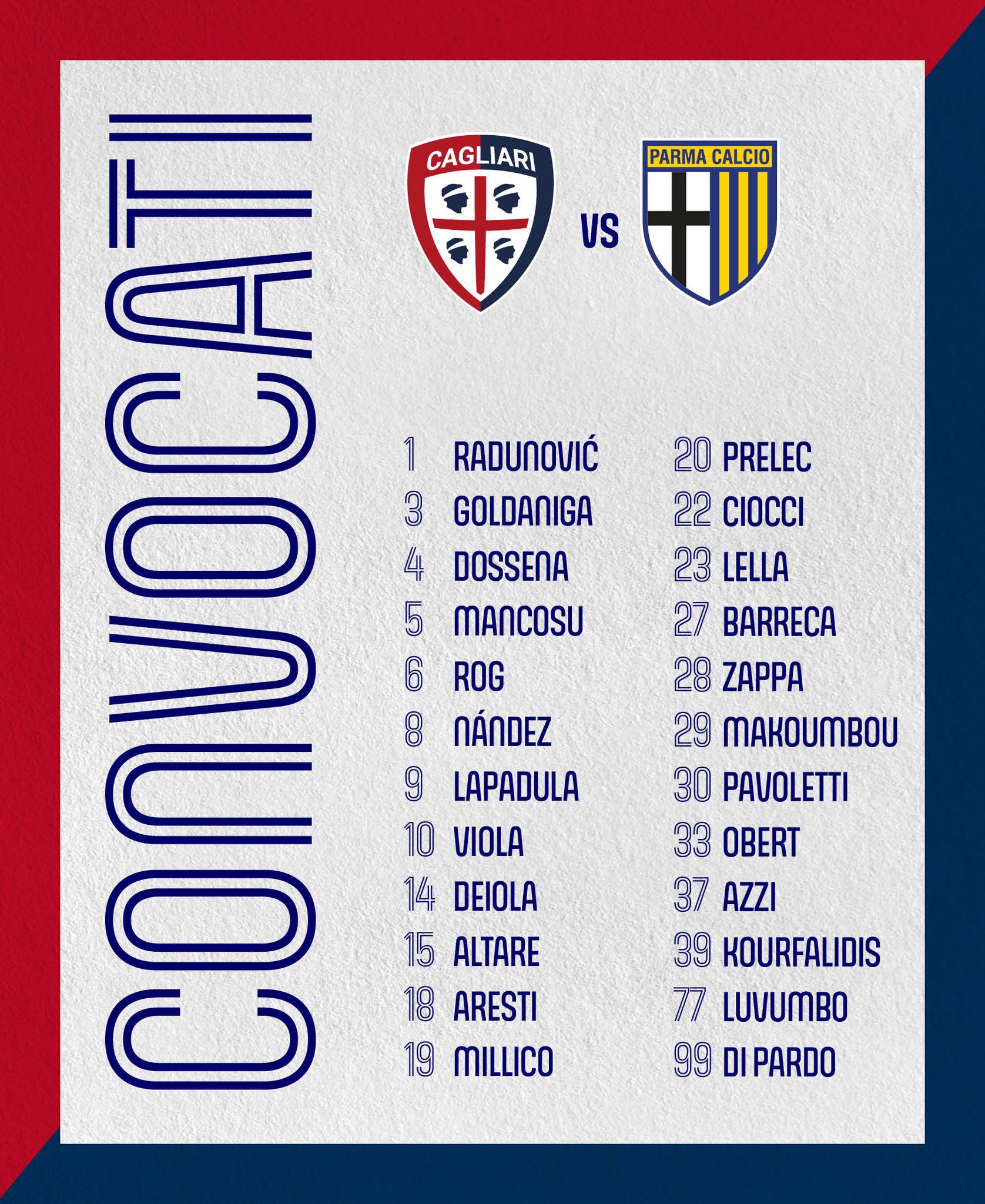 Lista de convocados de Cagliari para partido ante Parma por semifinal ida de Serie B.