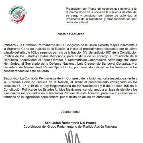 GPPAN presentó un punto de acuerdo para que la SCJN destituya a AMLO (Twitter@CitlaHM)
