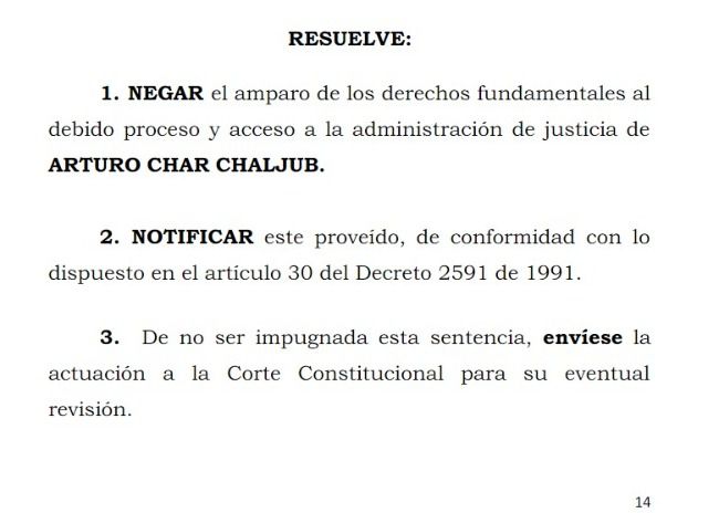 Corte Suprema rechazó tutela de Arturo Char