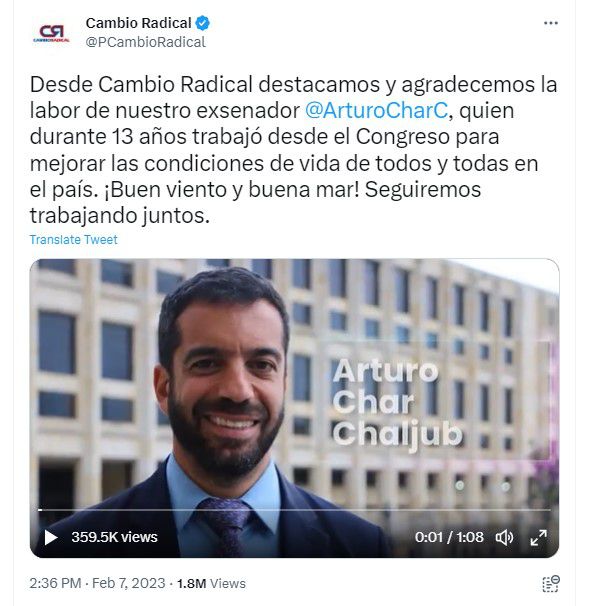 El partido Cambio Radical ponderó la labor de Arturo Char en sus 13 años en el Legislativo, tras confirmarse la renuncia del senador a su curul, para afrontar su defensa. Twitter.