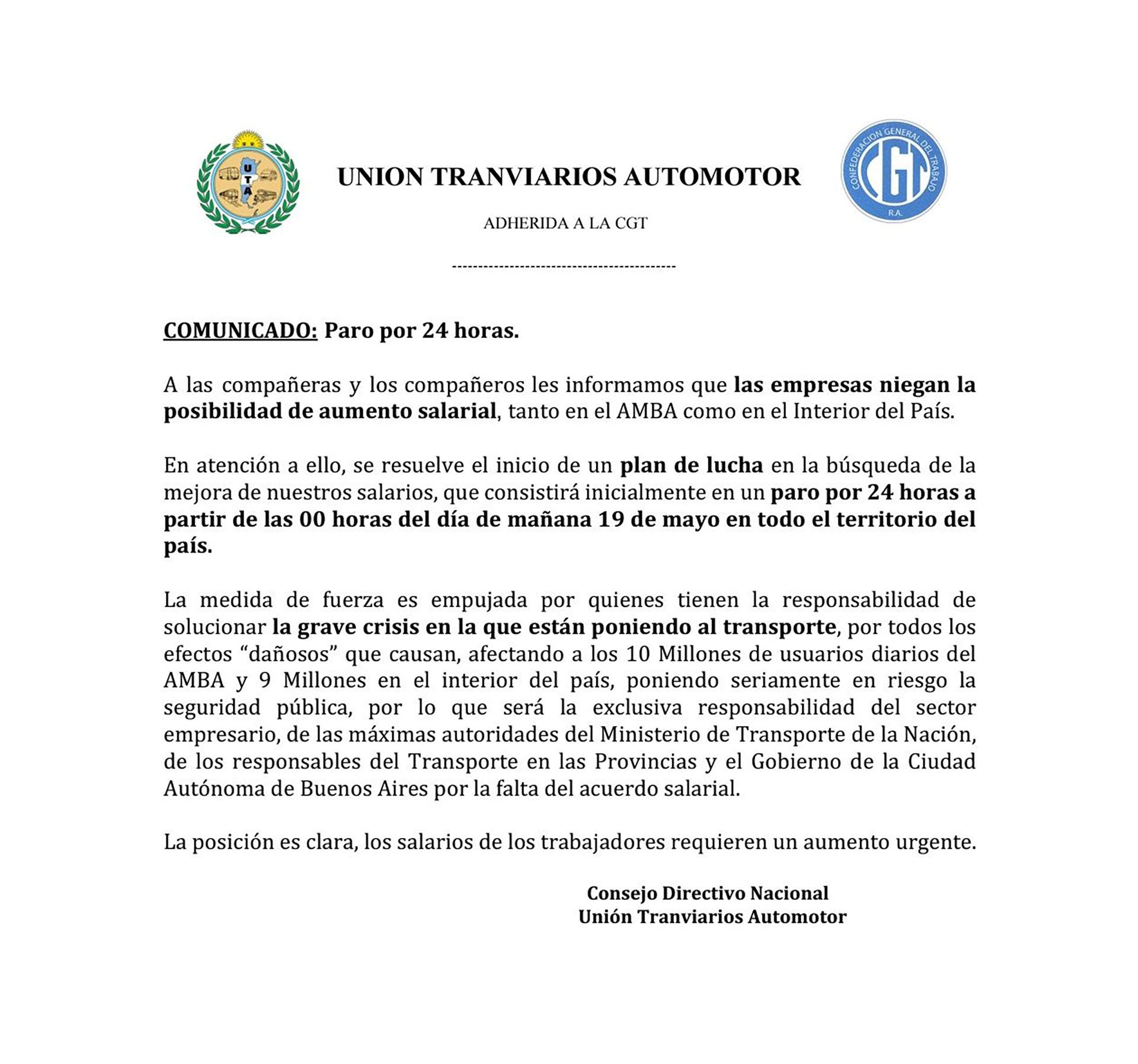 El comunicado con el que la UTA anunció el paro de colectivos por 24 horas