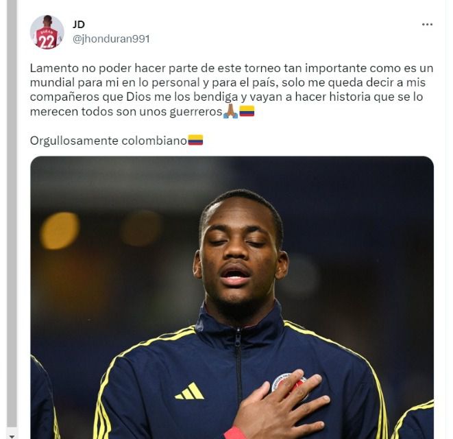 Jhon Jader Durán no jugará el mundial sub-20