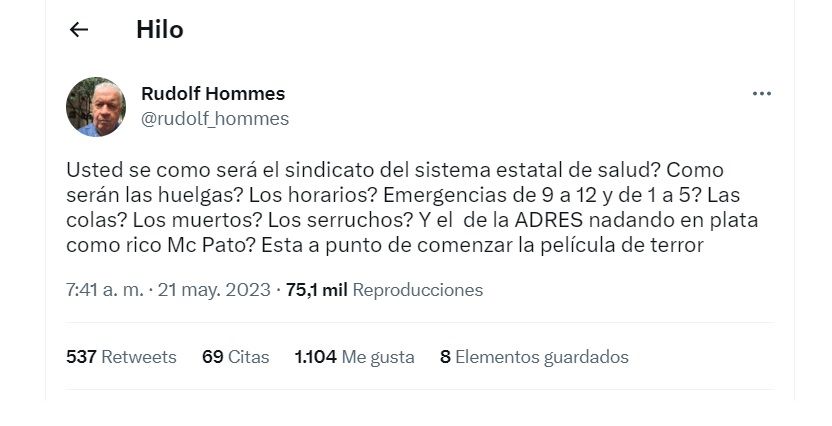 Tuit de Rudolf Hommes, exministro de Hacienda.