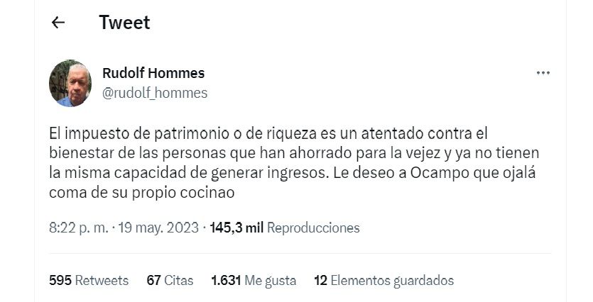 Tuit de Rudolf Hommes, exministro de Hacienda.