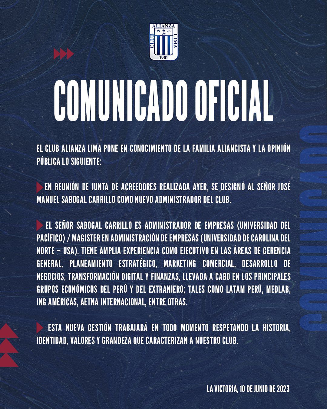 Comunicado de Alianza Lima informando que tiene nuevo administrador.