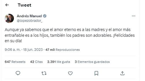 El Presidente López Obrador envió un mensaje por el Día del Padre. Foto: Twitter, @lopezobrador_