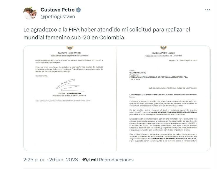 Gustavo Petro sacó pecho por sede del Mundial Femenino Sub-20 de la FIFA