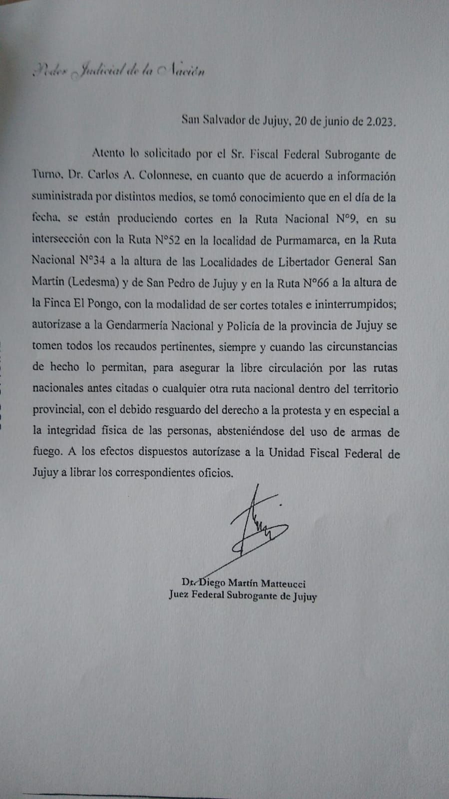 La autorización que dio la Justicia Federal para levantar los cortes (Twitter @GobiernoJujuy)