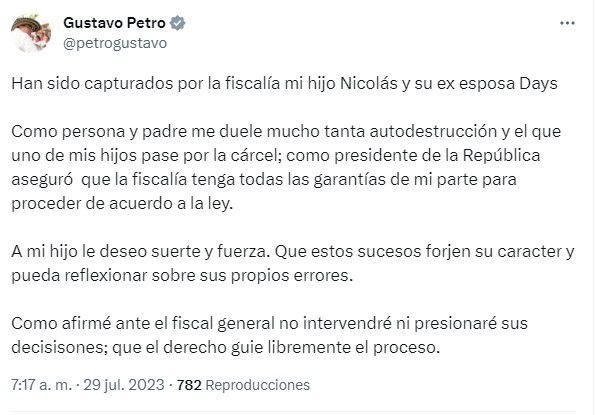 Trino Gustavo Petro sobre la captura de su hijo Nicolás Petro Burgos-Colombia