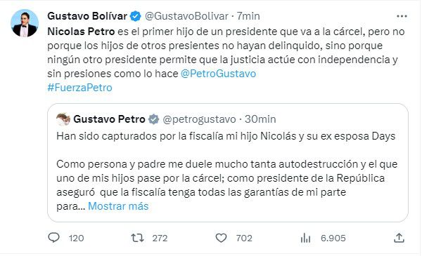 Trino Gustavo Bolívar captura Nicolás Petro Burgos-Colombia