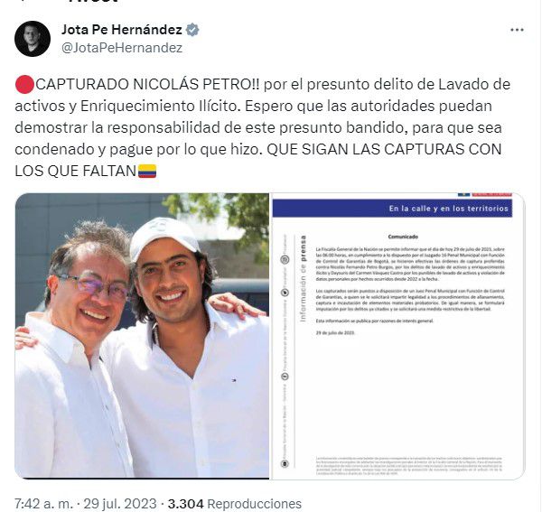 Jota Pe Hernández se pronunció sobre la captura de Nicolás Petro Burgos-Colombia