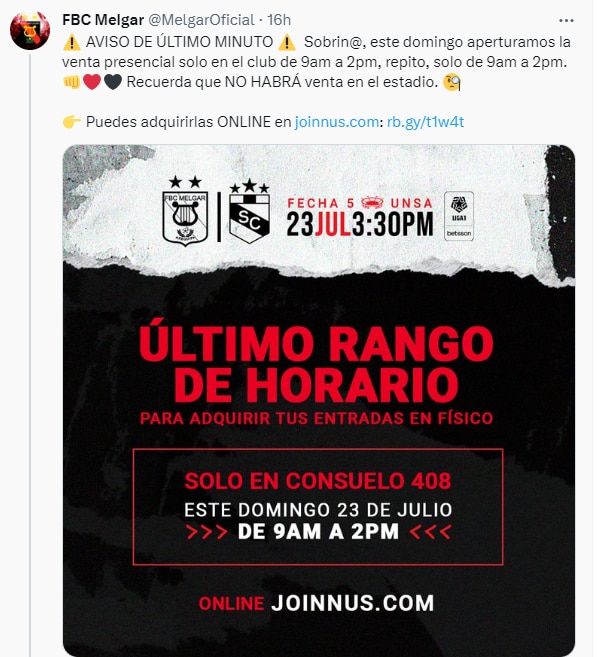 Melgar anuncia venta de últimas entradas en formato físico para el partido vs Sporting Cristal.