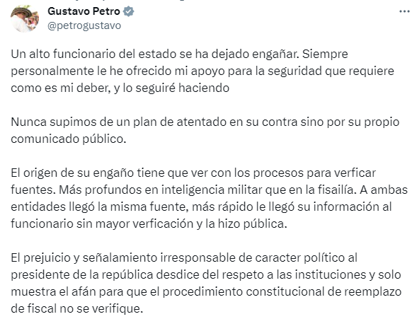 Petro se refiere a los supuestos atentados en contra del fiscal Barbosa.