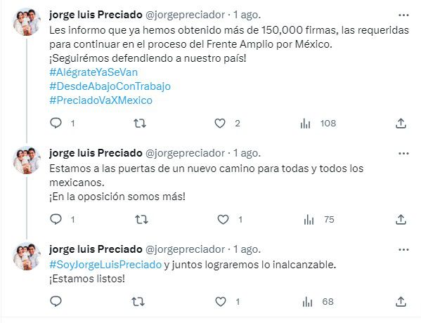 Jorge Luis Preciado afirmó que es el primer aspirante del Frente en llegar a las 150 mil firmas. | Captura de pantalla