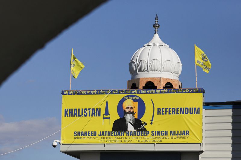 FOTO DE ARCHIVO. Una pancarta con la imagen del líder sij Hardeep Singh Nijjar en el templo Guru Nanak Sikh Gurdwara, lugar de su asesinato en junio de 2023, en Canadá (REUTERS/Chris Helgren)