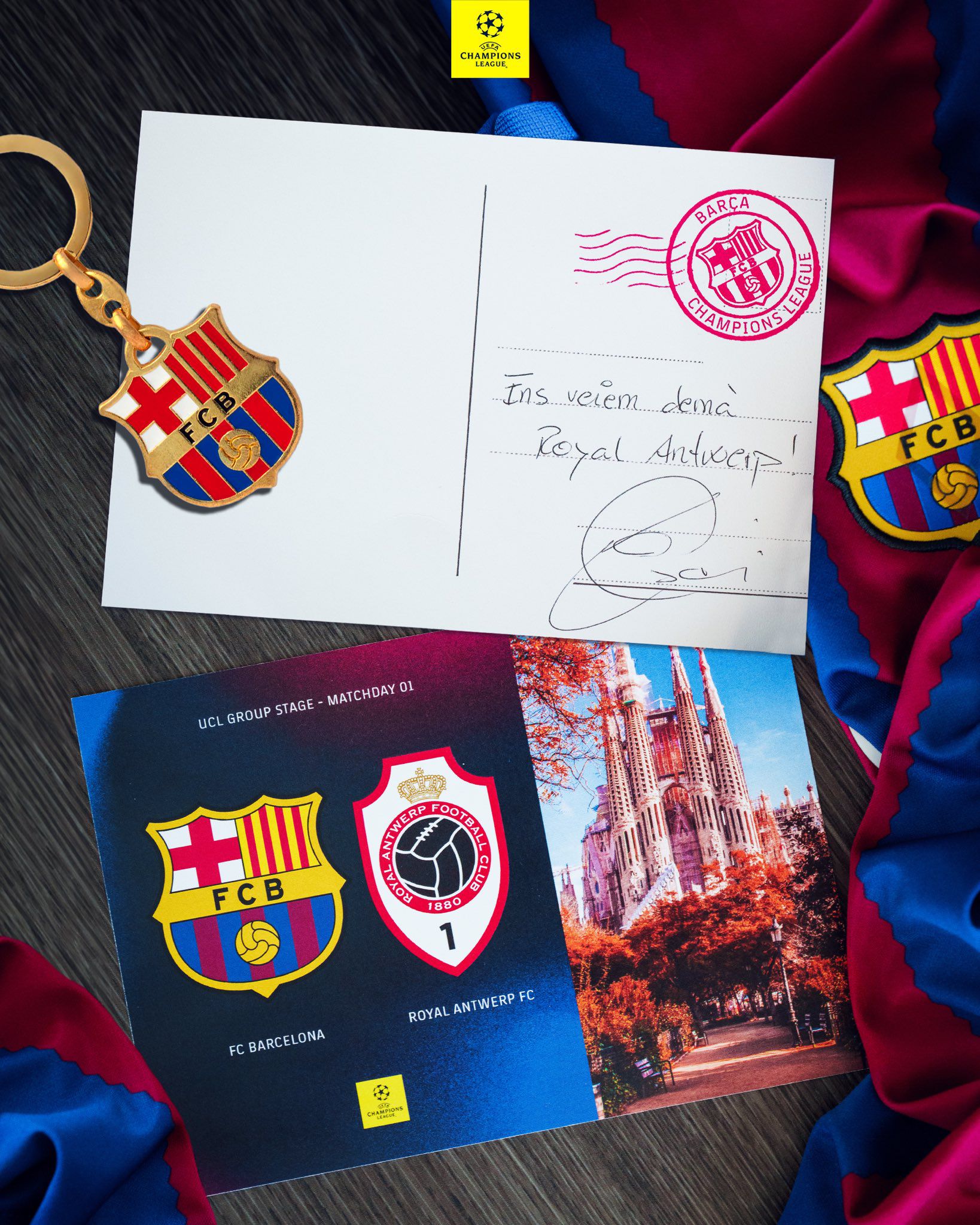 Anuncio del partido entre Barcelona y Royal Antwertp por el inicio de la Champions League 2023/2024.