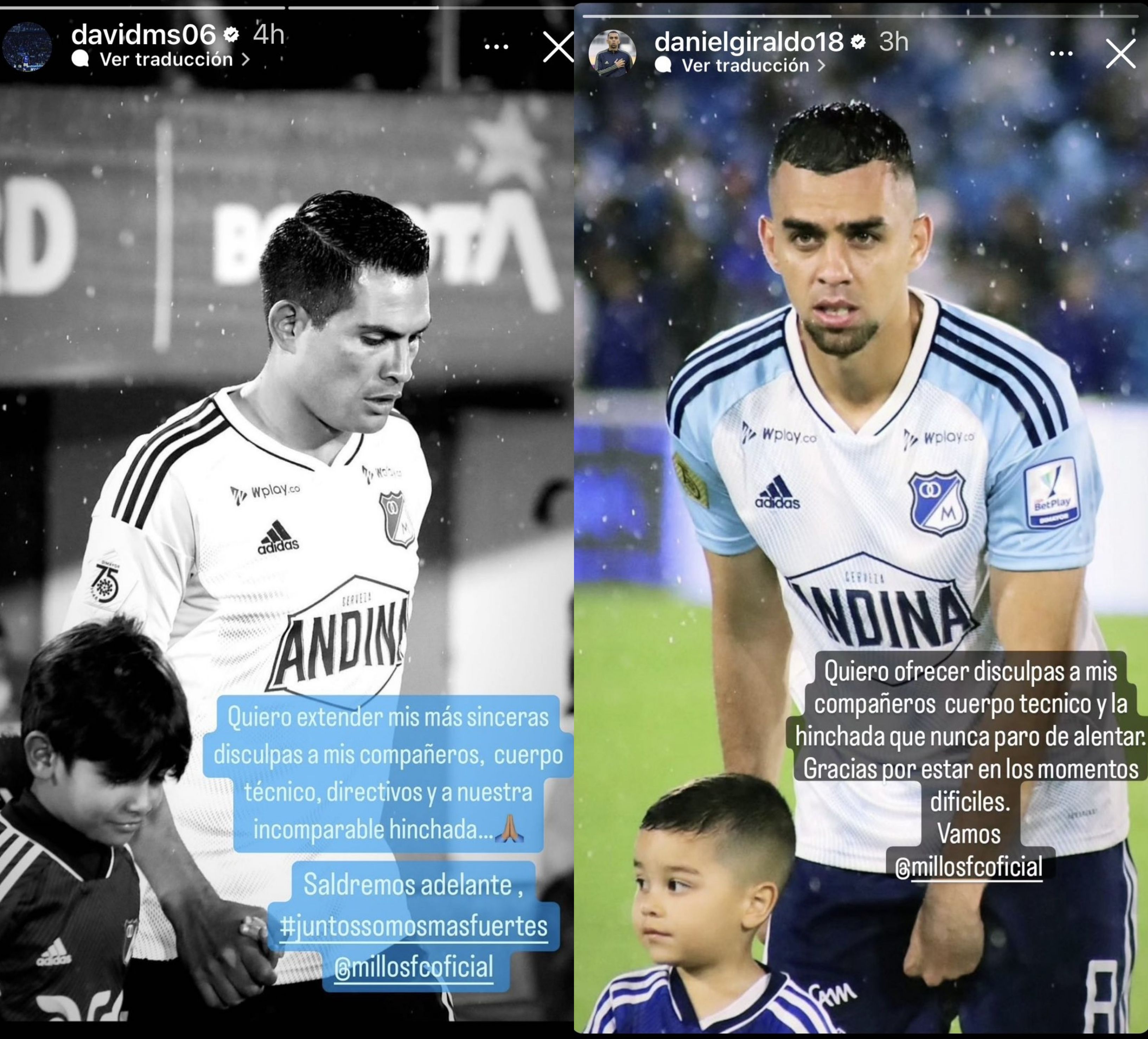 Mackalister Silva y Daniel Giraldo, de Millonarios FC, mostraron su arrepentimiento por las jugadas que les costó la expulsión ante Independiente Santa Fe en el clásico capitalino - crédito @davidms06 y @danielgiraldo18/Instagram
