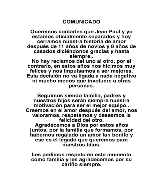 Romina Gachoy y Jean Paul San María comunicaron que están separados. Instagram