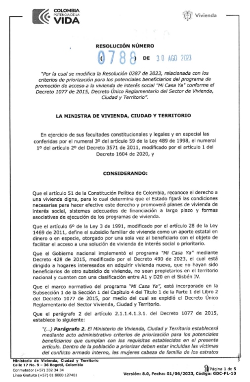 Resolución 0788 del Ministerio de Vivienda sobre el subsidio Mi Casa Ya