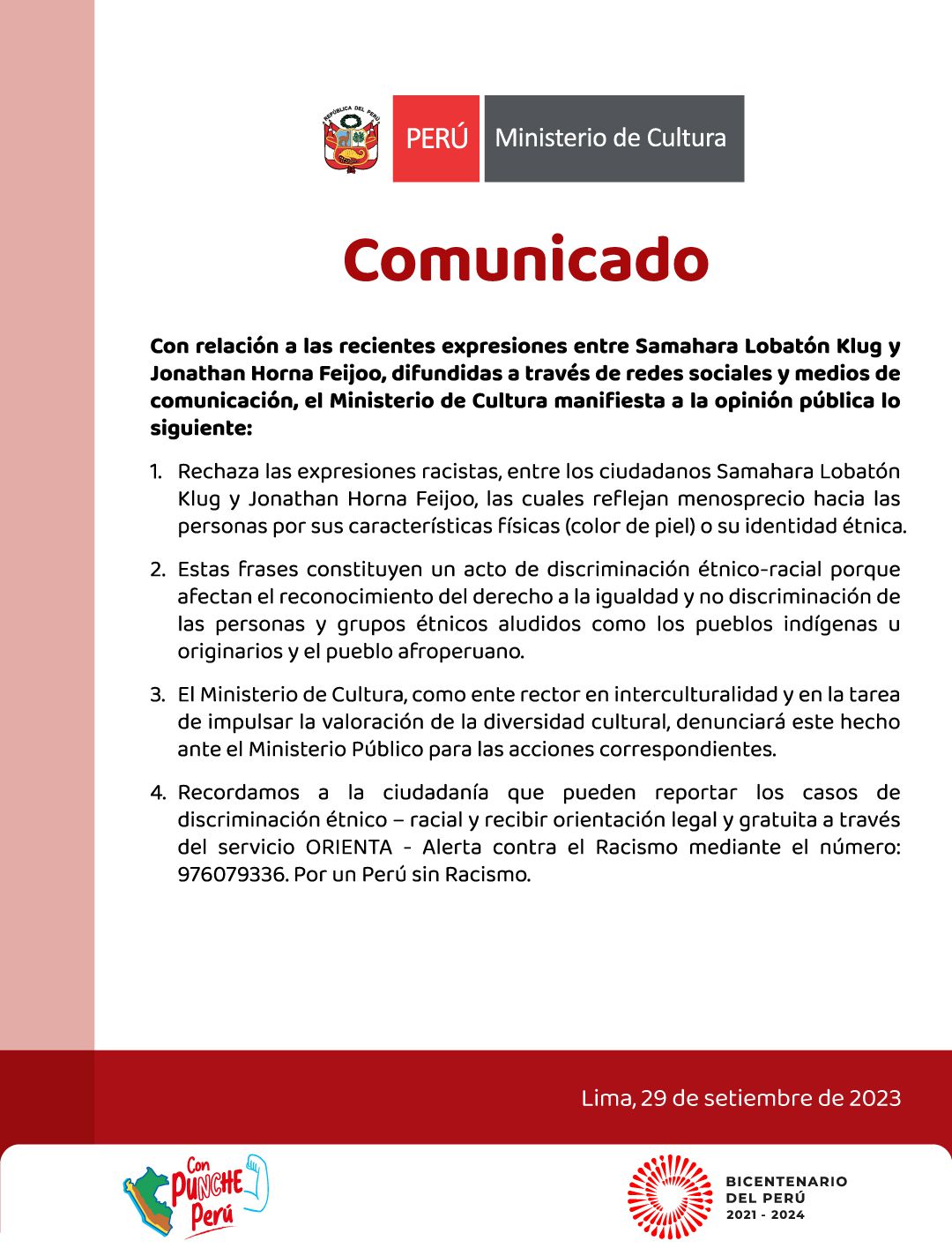 Ministerio de Cultura se pronuncia por comentarios de Samahara Lobatón. (Ministerio de Cultura)
