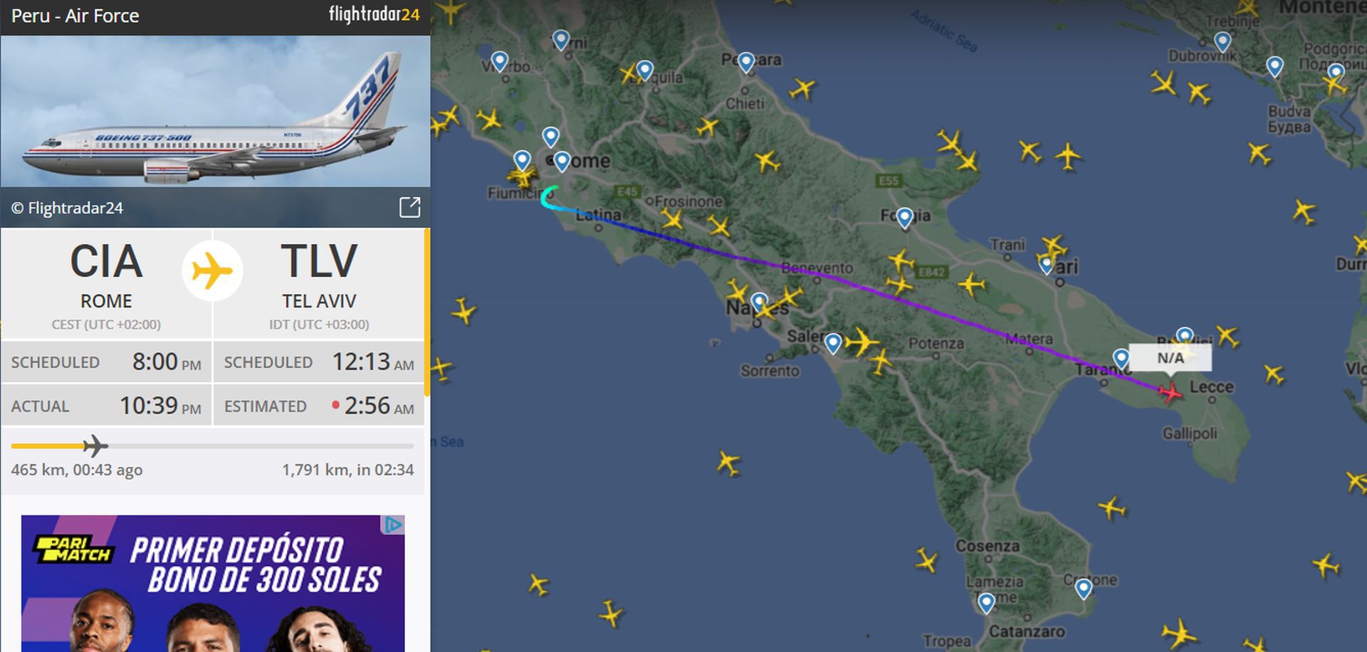 Flightradar muestra en tiempo real el viaje que realiza el avión presidencial en su recorrido de Roma a Tel Aviv para repatriar a los peruanos en Israel.