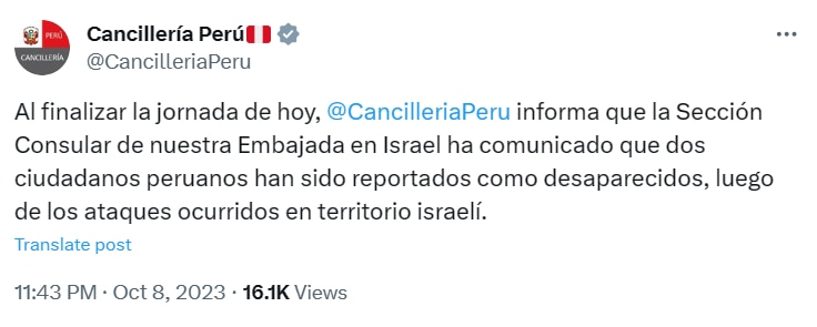 CANCILLERÍA CONFORMA LA DESAPARICIÓN DE DOS PERUANOS EN ISRAEL