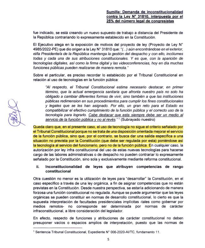En la demanda de inconstitucionalidad contra la presidencia remota de Dina Boluarte citan una sentencia del TC del 2020.