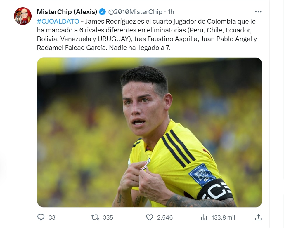 El logro de James tras marcarle a Uruguay