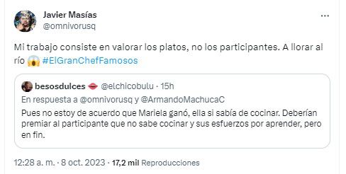 Javier Masías responde a usuario que cuestionó final de El Gran Chef Famosos. (Twitter)