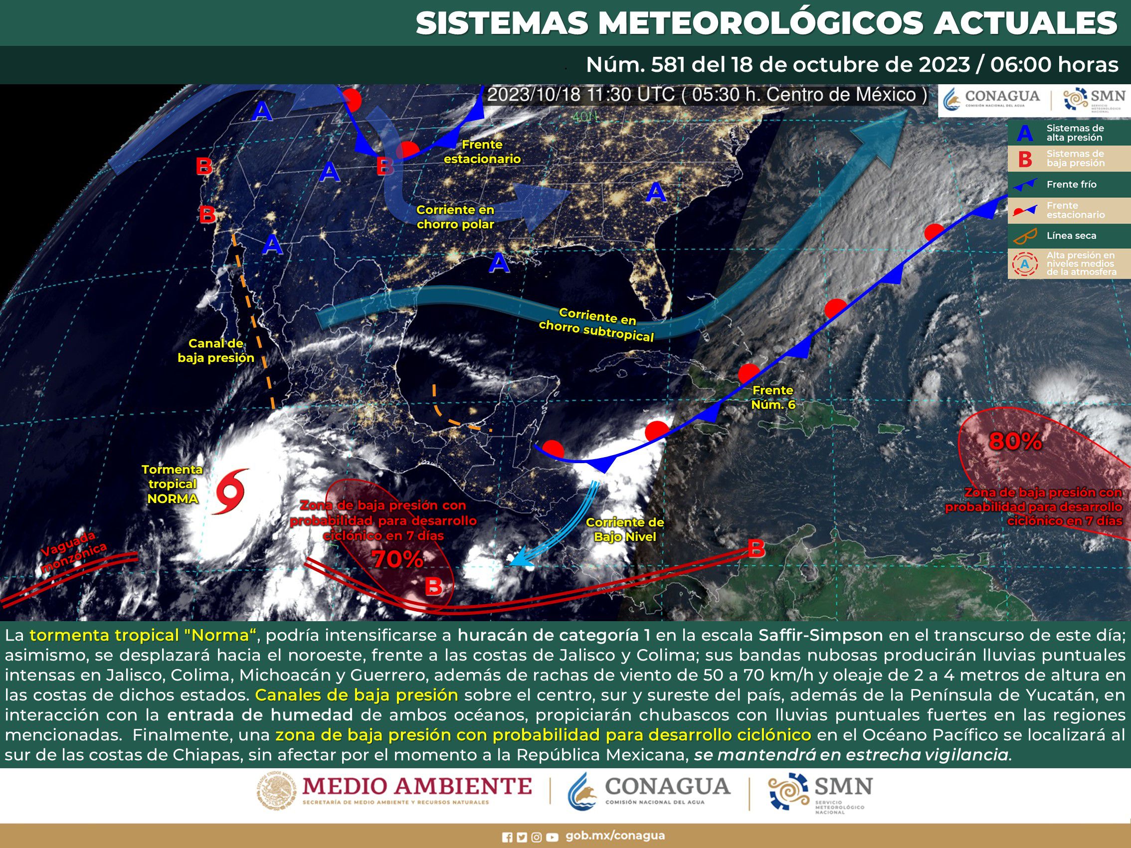 Mapa de los sistemas meteorológicos que afectarán a México este 8 de octubre.