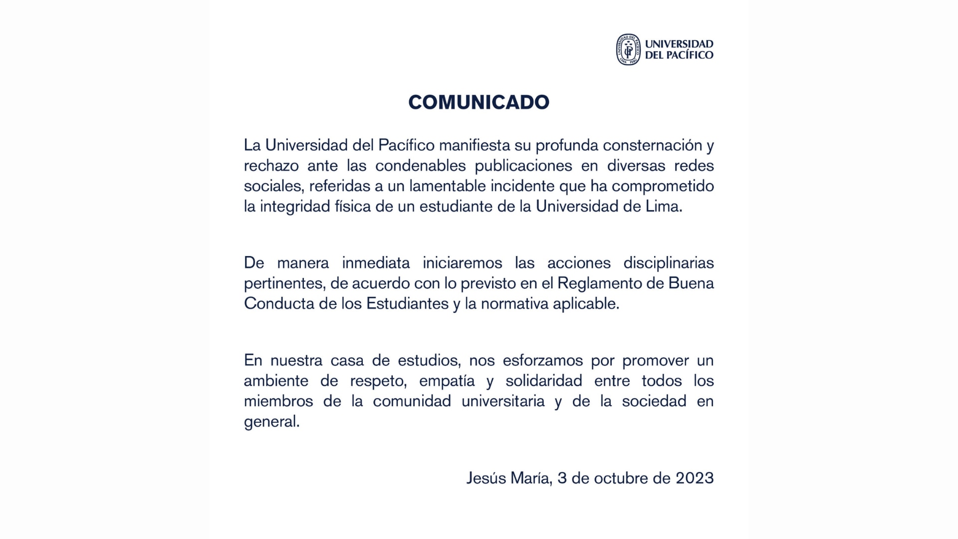 Universidad del Pacífico condena comentarios en redes sociales por incidente en U de Lima