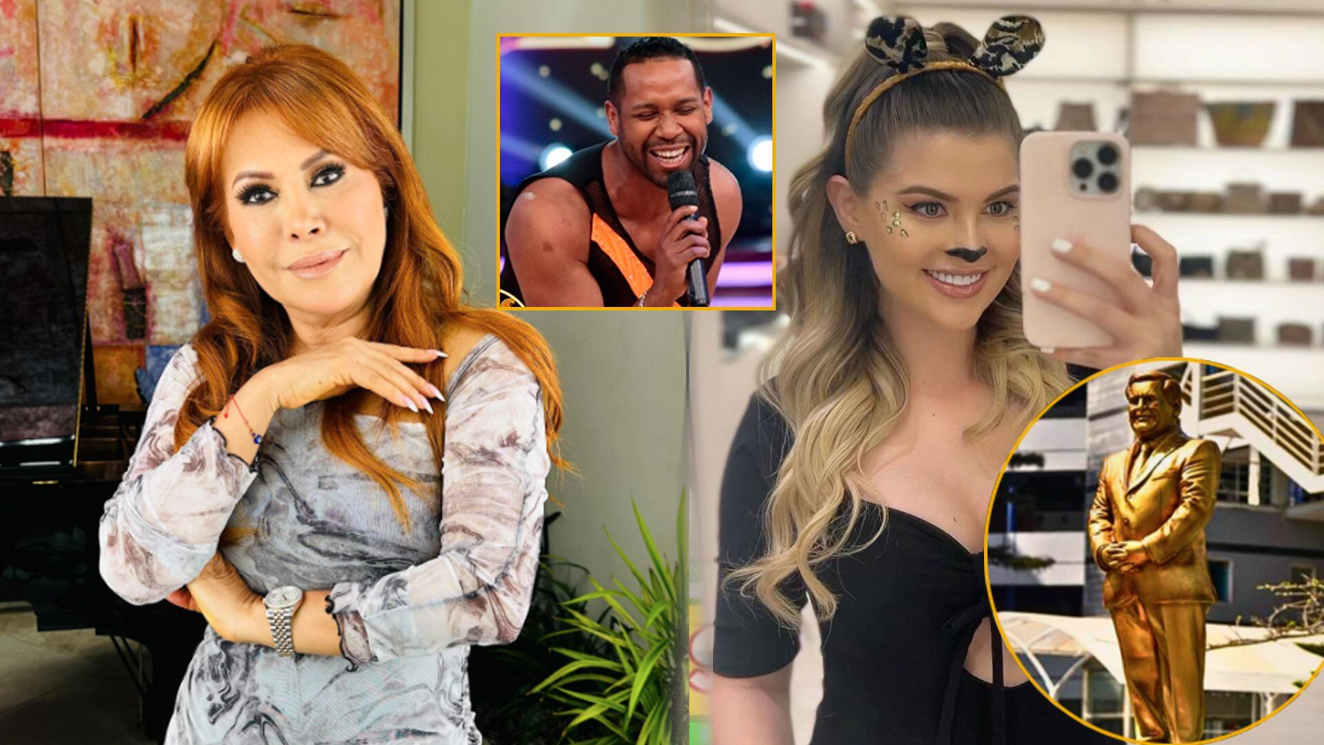 Magaly Medina aterriza a Brunella Horna por molestarse con broma de Giselo a la estatua de su suegro. (Composición: Infobae)